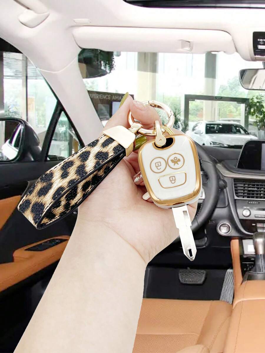Leopard Pattern Car Key Case Compatible With Peugeot, Key Fob Cover - White - View 1