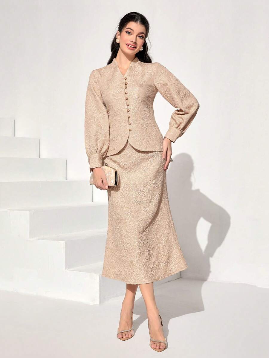 Modelyn Bộ đồ hai mảnh nữ Nút phía trước màu trơn Thanh lịch - Màu be - Xem 1