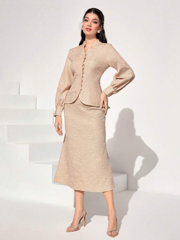 Modelyn Jacquard Lantern Sleeve Blouse & Skirt - Apricot - View 4