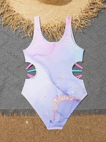 少女大理石印花側面切割連身泳衣 - 彩色 - 查看 2