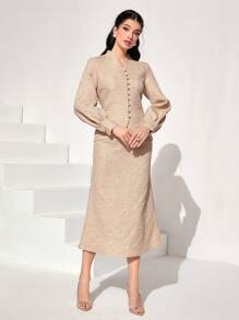 Modelyn Bộ đồ hai mảnh nữ Nút phía trước màu trơn Thanh lịch - Màu be - Xem 5