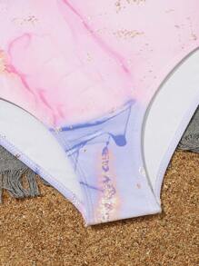 少女大理石印花側面切割連身泳衣 - 彩色 - 查看 4