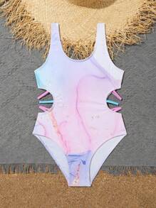 少女大理石印花側面切割連身泳衣 - 彩色 - 查看 5