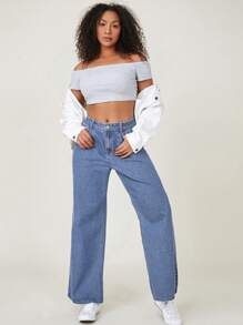SHEIN EZwear Quần Denim kích thước lớn Nút Túi Dây kéo màu trơn - Rửa nhẹ - Xem 1