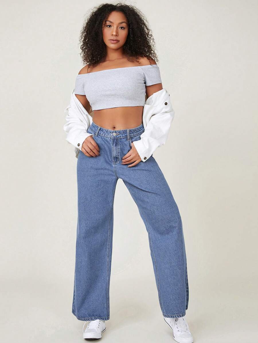 SHEIN EZwear Quần Denim kích thước lớn Nút Túi Dây kéo màu trơn - Rửa nhẹ - Xem 1