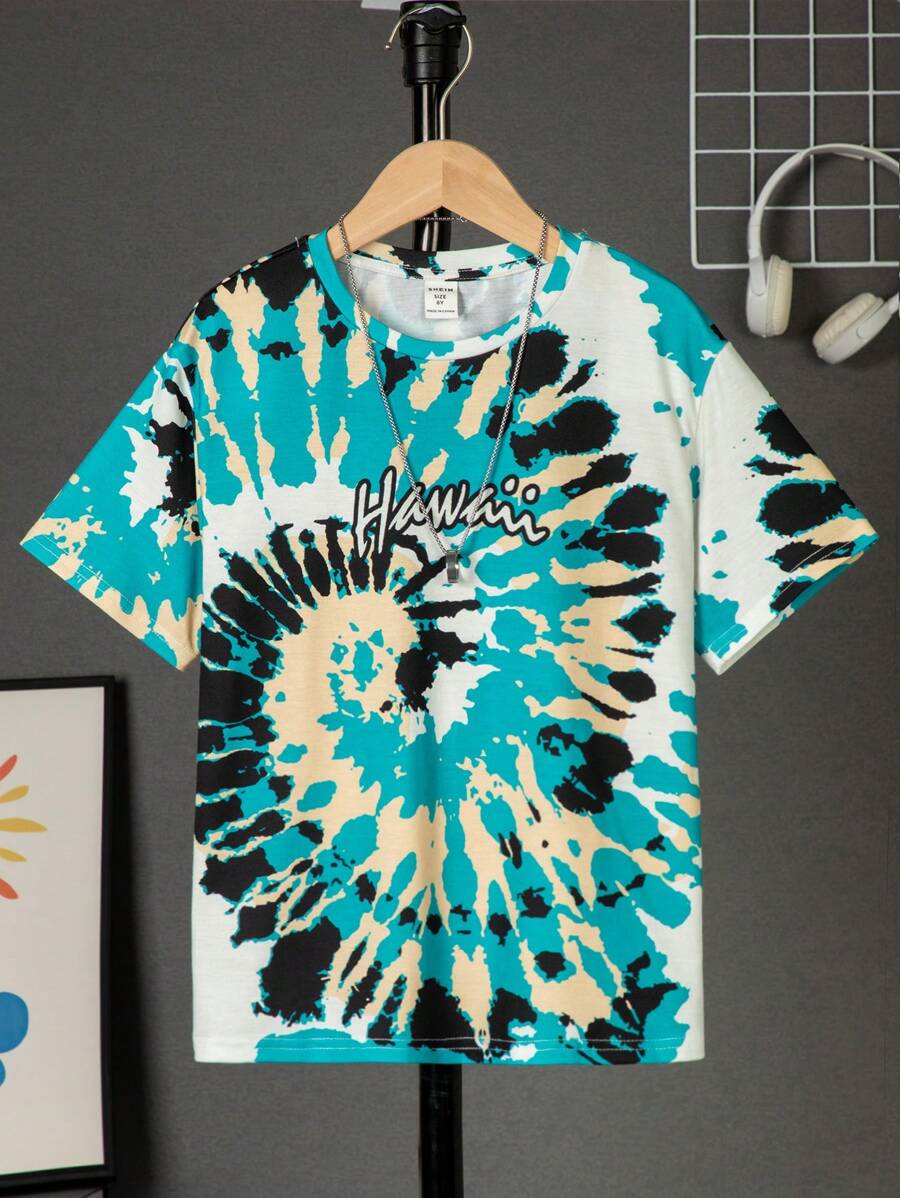 SHEIN 男孩紮染字母圖案落肩T恤 - 彩色 - 查看 1