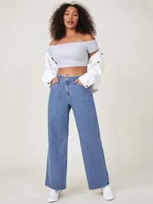 SHEIN EZwear Quần Denim kích thước lớn Nút Túi Dây kéo màu trơn - Rửa nhẹ - Xem 3