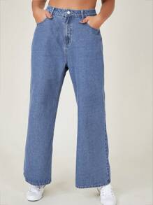 SHEIN EZwear Quần Denim kích thước lớn Nút Túi Dây kéo màu trơn - Rửa nhẹ - Xem 5