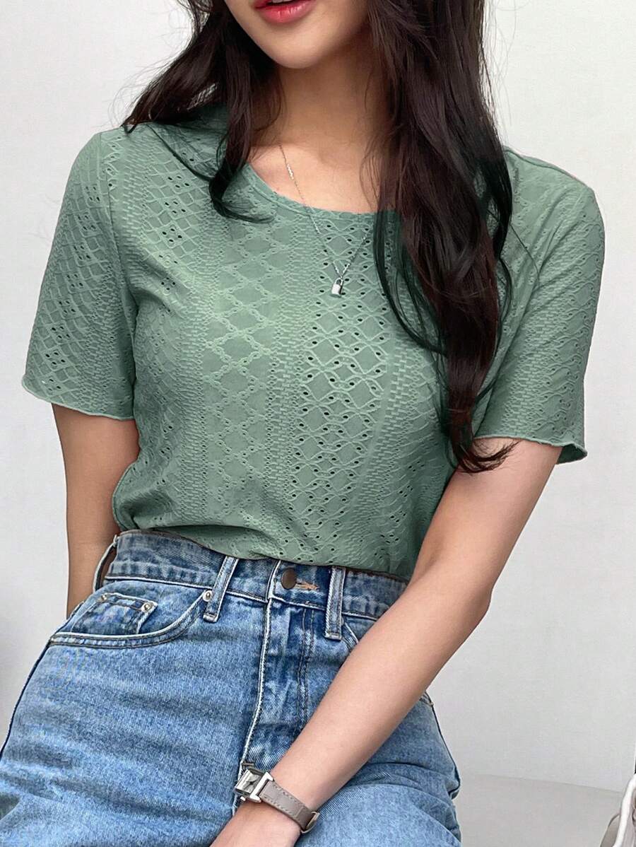 DAZY 纯色孔眼刺绣学院风T恤 - 綠色 - 查看 1
