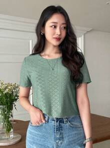 DAZY 纯色孔眼刺绣学院风T恤 - 綠色 - 查看 3