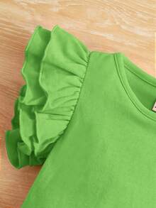 SHEIN Tops em bé phân lớp màu trơn - Màu xanh chanh - Xem 3
