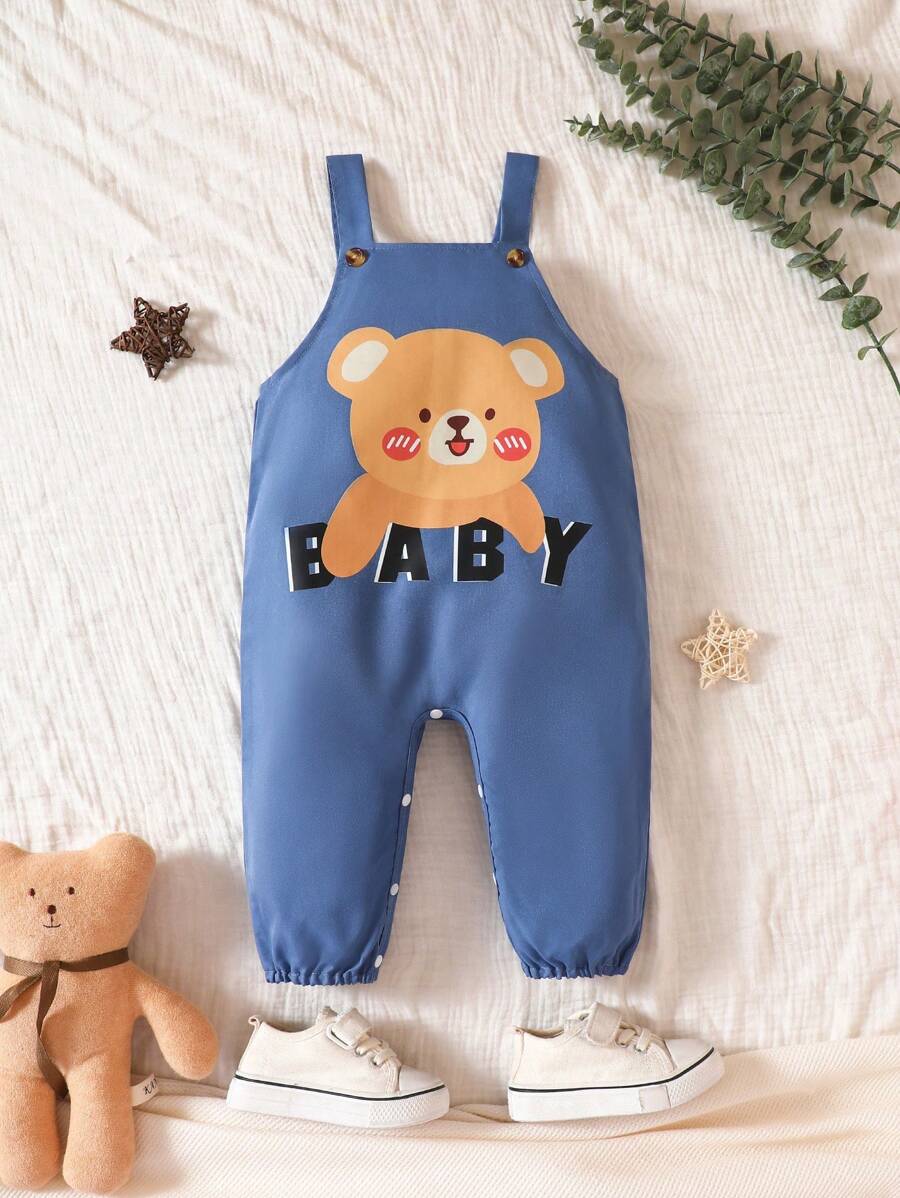 Baby Bear & Letter Graphic Overall Jumpsuit - Blue - View 1