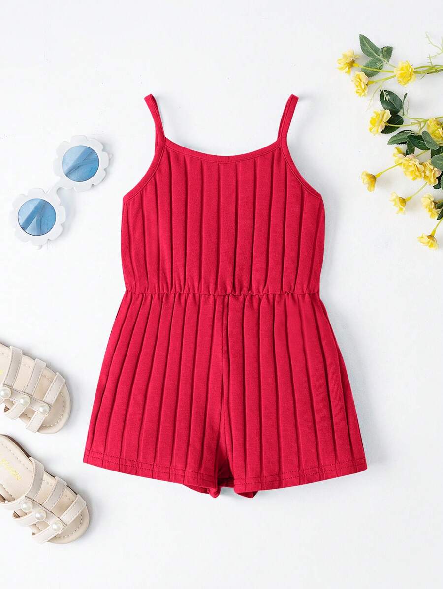SHEIN Baby Girls' Ribbed Jumpsuit With Spaghetti Straps, Comfortable, Lovely And Sweet, Suitable For Summer - Red - View 1