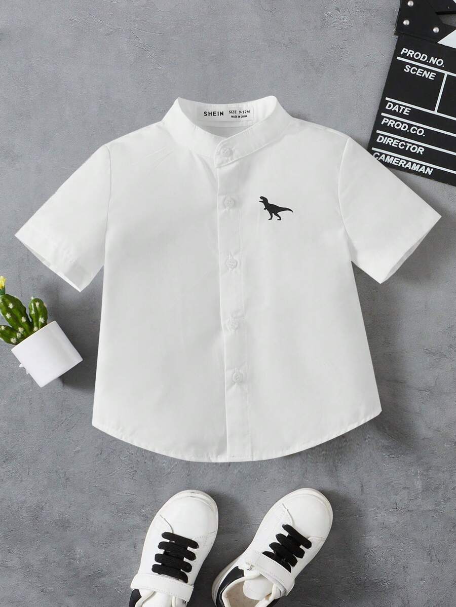 SHEIN 男婴恐龙印花纽扣衬衫，休闲简约夏季款式 - 白色 - 查看 1