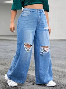 SHEIN EZwear 大碼破洞闊腿牛仔褲 - 淺色水洗藍 - 查看 1