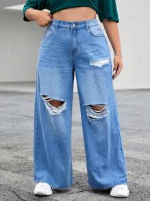 SHEIN EZwear 大碼破洞闊腿牛仔褲 - 淺色水洗藍 - 查看 3