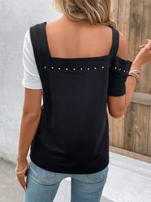 SHEIN LUNE 撞色不對稱領T恤 - 黑與白 - 查看 2