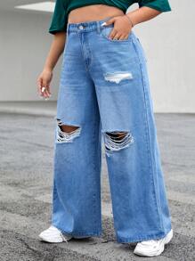 SHEIN EZwear 大碼破洞闊腿牛仔褲 - 淺色水洗藍 - 查看 4