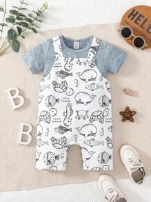 Baby Boy Solid Tee & Animal Print Overall Romper - Multicolor - View 1