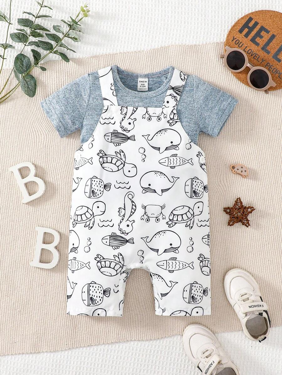 Baby Boy Solid Tee & Animal Print Overall Romper - Multicolor - View 1
