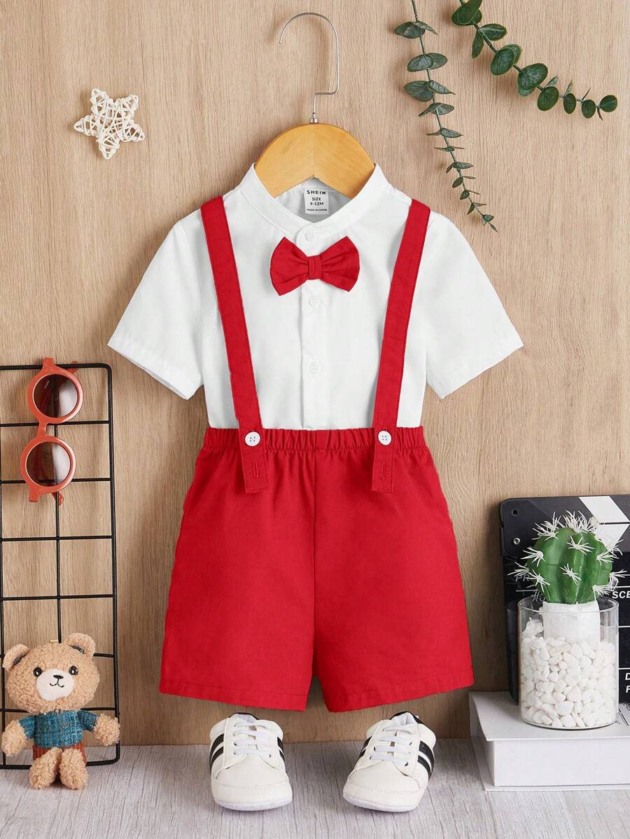 SHEIN Baby Boy Bow Front Shirt & Suspender Shorts