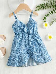 SHEIN Baby Allover Plants Print Ruffle Trim Wrap Hem Cami Dress - Blue and White - View 1