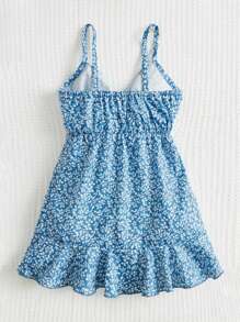 SHEIN Baby Allover Plants Print Ruffle Trim Wrap Hem Cami Dress - Blue and White - View 2