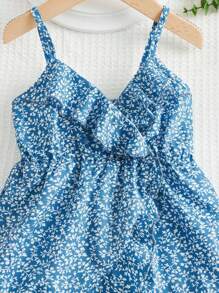 SHEIN Baby Allover Plants Print Ruffle Trim Wrap Hem Cami Dress - Blue and White - View 4