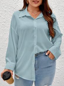 SHEIN Frenchy 大碼素色落肩袖襯衫