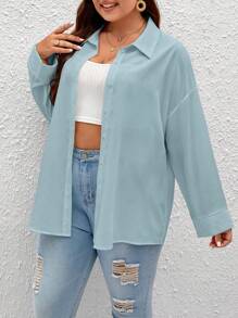 SHEIN Frenchy 大碼素色落肩袖襯衫