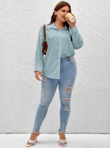 SHEIN Frenchy 大碼素色落肩袖襯衫