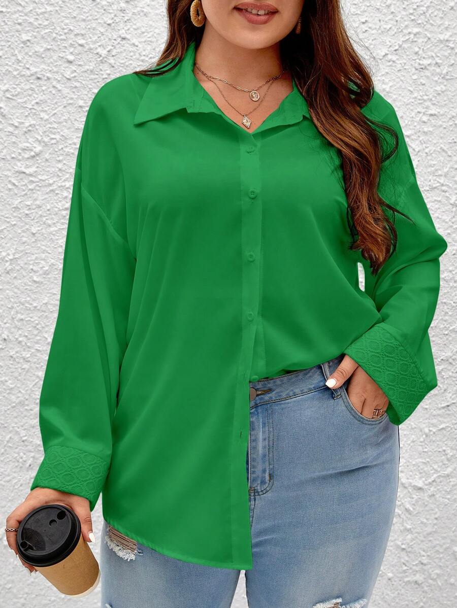 SHEIN Frenchy Plus Solid Drop Shoulder Shirt - Green - View 1