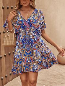 SHEIN Frenchy Floral Print Tie Backless Ruffle Trim Dress Summer Flower Beach - Multicolor - View 7