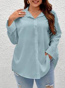 SHEIN Frenchy 大碼素色落肩袖襯衫