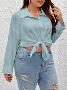 SHEIN Frenchy 大碼素色落肩袖襯衫