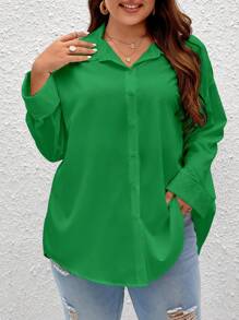 SHEIN Frenchy Plus Solid Drop Shoulder Shirt - Green - View 4