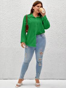 SHEIN Frenchy Plus Solid Drop Shoulder Shirt - Green - View 5