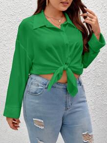 SHEIN Frenchy Plus Solid Drop Shoulder Shirt - Green - View 6