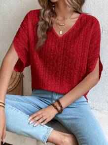 SHEIN Frenchy Solid Batwing Sleeve Tee - Burgundy - View 1