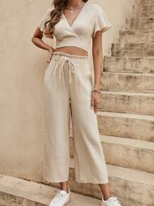 SHEIN VCAY Bộ đồ hai mảnh nữ Dải chun Quần paper-bag Trọn gói màu trơn Giải trí - Màu be - Xem 4