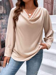 SHEIN Clasi 大碼垂領燈籠袖襯衫 - 香檳色 - 查看 3