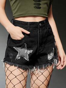 ROMWE Grunge Punk Star Pattern Ripped Raw Hem Denim Shorts - Dark Grey - View 3