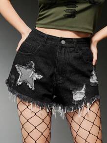 ROMWE Grunge Punk Star Pattern Ripped Raw Hem Denim Shorts - Dark Grey - View 4