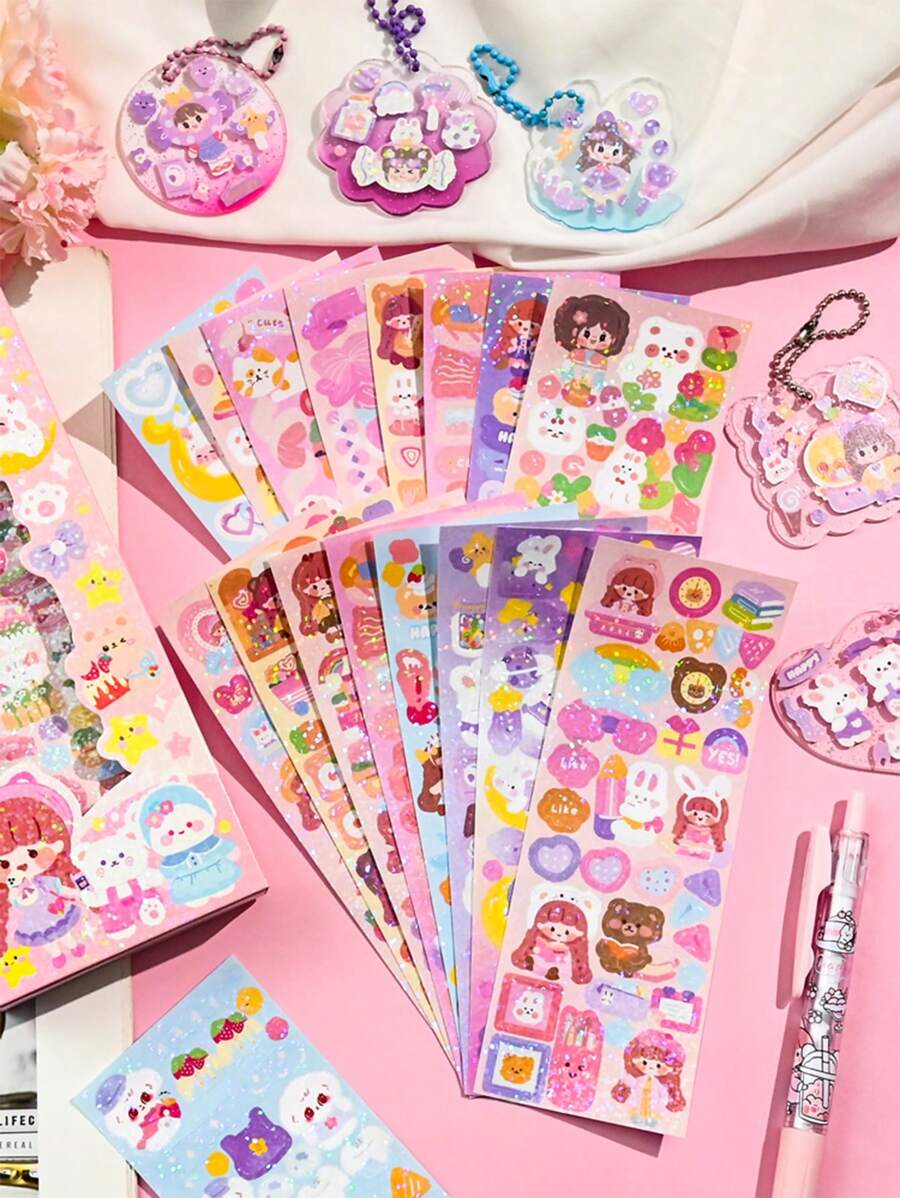 50入組卡通圖案可愛貼花適用於學生 - 彩色 - 查看 1