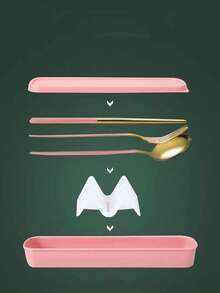4pcs Stainless Steel Spoon & Fork & Chopstick & Storage Box - Pink - View 6