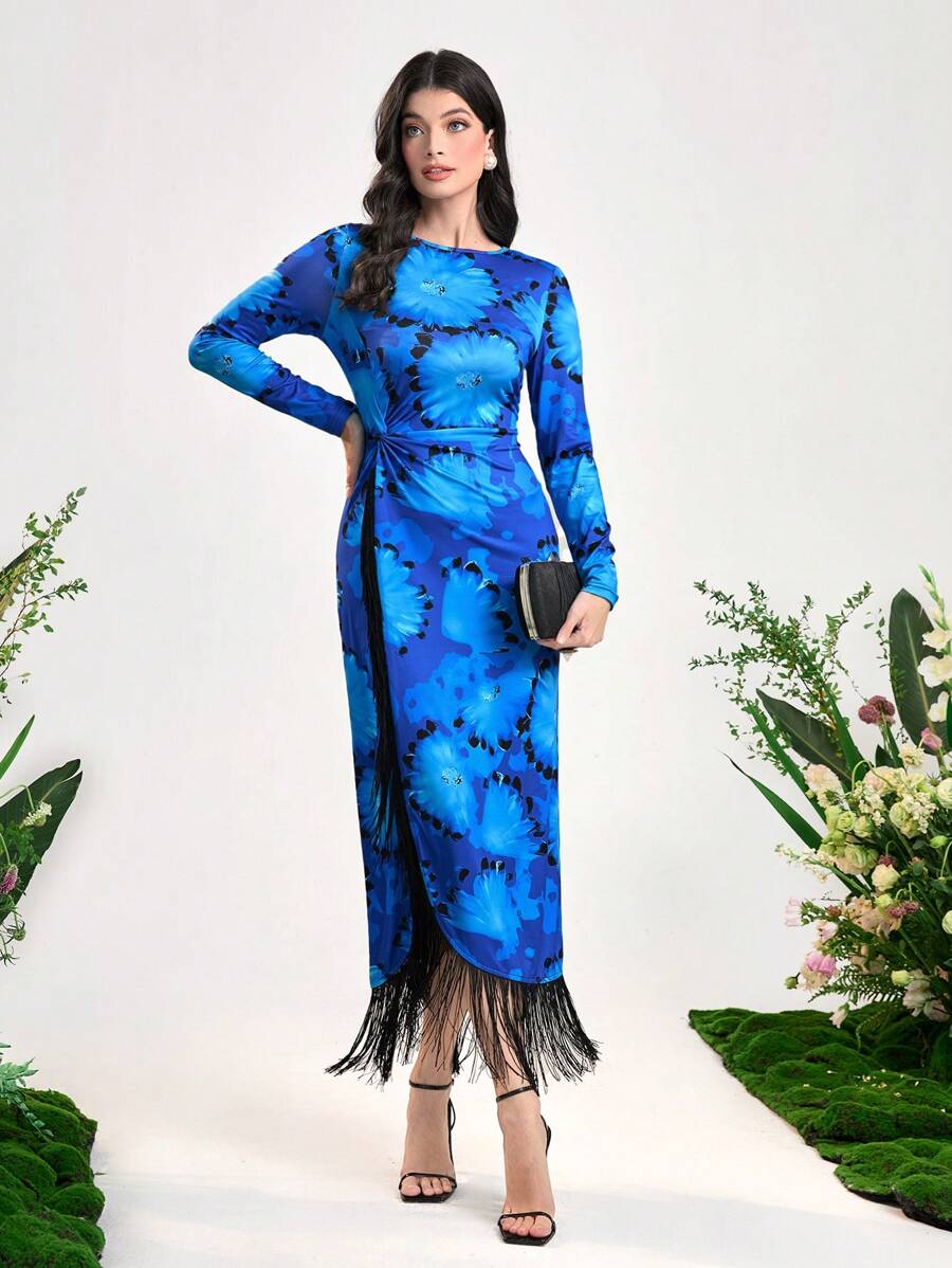 Modelyn 印花流蘇邊不對稱下擺連衣裙 - 藍色 - 查看 1