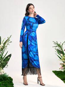 Modelyn 印花流蘇邊不對稱下擺連衣裙 - 藍色 - 查看 3