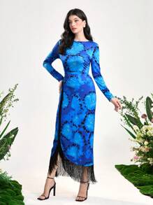 Modelyn 印花流蘇邊不對稱下擺連衣裙 - 藍色 - 查看 4