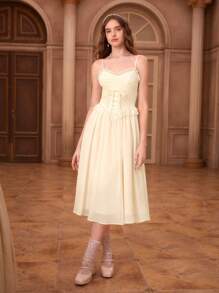 SHEIN MOD Lace Up Front Ruffle Trim Cami Dress - Beige - View 2