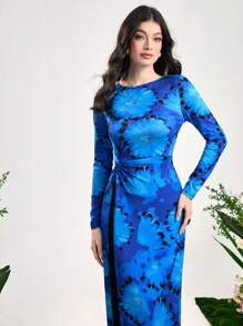 Modelyn 印花流蘇邊不對稱下擺連衣裙 - 藍色 - 查看 5